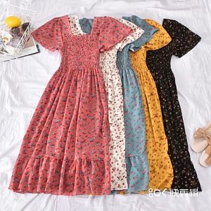 Womens Elegant Floral Short Sleeve Sundress Temperament Long Dress Beach A-Line Dresses