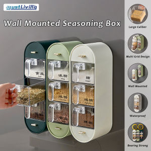 JustLiving 1PC Kitchen Seasoning Storage Box Organizer Sugar Bowl Salt Shaker Wall-mounted Spice Rack Condiment Container Box Spoon Set No-punch One-piece Five-compartment Spice Box Home Spice Storage Boxes