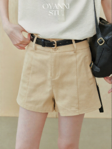OUYANGXI | Quần Short A-Line Đùi Rộng Cao Waisted Đơn Giản và Đa Dụng Màu Khaki