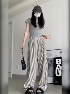 Petorldog Black striped wide-leg pants for women in summer thin high waist droop loose lazy walking pants casual floor straight pants