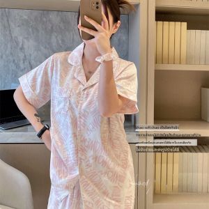 น้ําแข็ง ผ้าไหม ลายพิมพ์ตัวอักษร ชุดนอน ชุด ผู้หญิง ฤดูใบไม้ผลิ ฤดูใบไม้ร่วง แขนยาวบางของแท้ ผ้าไหม ฤดูร้อน เสื้อผ้าบ้านชุดสองชิ้น