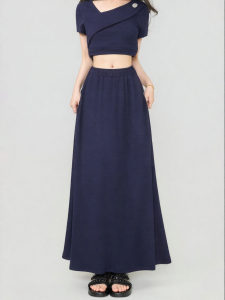 KEIKO | Cool and Soft Pleated Dark Blue Half Long Skirt