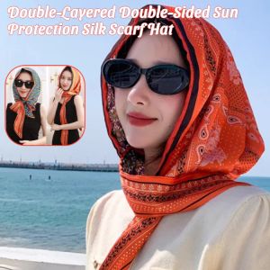 Sun Protection Silk Scarf Hat Double-Layered Double-Sided Satin Silk Scarf Windproof Dustproof Womens Headscarf Cap