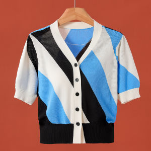 79 ผ้าวิสโคส ผ้าถัก คาร์ดิเกน แขนสั้น คอวี งานเย็บปะติดปะต่อ บาง 525 ติดป้าย ฤดูใบไม้ร่วง เสื้อผ้า หลากสี 499 สไตล์ลำลอง สลิมฟิต