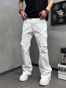 American Retro Mens Casual Workwear Pants Multiple Pockets Flared Jeans Spring Autumn Cleanfit Slimming Straight Leg Trousers