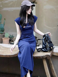 Charming Blue Summer Dress Womens Sleeveless U-Neck Waist-Cinched Long Dress Trendy Cute Champion Short Dress Single Piece