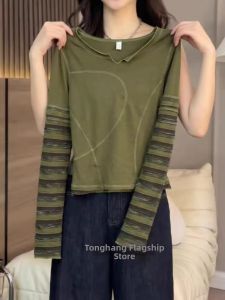 GEBOFU | Unique Design Striped Sleeve Patchwork Long Sleeve T-Shirt