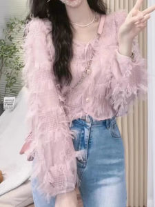 เสื้อเชิ้ตผ้าชีฟองสไตล์ฝรั่งเศสสำหรับผู้หญิง ดีไซน์เก๋ไก๋ สง่างาม ฤดูใบไม้ผลิและฤดูใบไม้ร่วง เสื้อสั้น คอวี แขนยาว ทรงหลวม