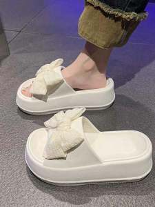Fashionable Butterfly Knot Thick Heel Heightening Sandals Womens Summer Outdoor Wear Home Use One-Strap Slippers