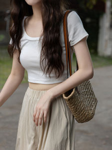 Mixdemind White Shoulder Short Tops Womens Summer Short-Sleeved T-shirt Bare Midriff Slim Fit Underwear Crew Neck High Waist Petite BM