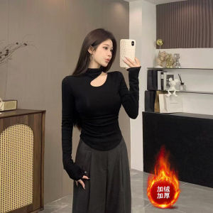 Áo Sơ Mi Lót Lông Cừu Không Đều Cỡ Lớn Cho Nữ Mùa Thu Đông Cổ Cao Khoét Sâu Dáng Suông Dài Tay Màu Trơn Không Có Đệm Ngực
