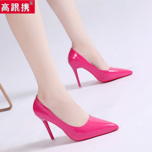 รองเท้าส้นสูงหนังทาสีสำหรับผู้หญิง ทรงหัวแหลม ส้นบาง ทรงนางฟ้า รองเท้าทำงานสีดำ รองเท้าส้นเดี่ยวสุดเซ็กซี่ รองเท้าแฟชั่นฤดูใบไม้ร่วง