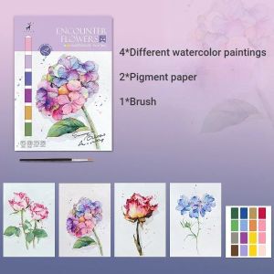 Portable Watercolor Painting Book 4 Sheets Coloring Book with Paint Brush Gouache Book Kids Graffiti Picture Drawing Stationery