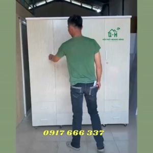 TỦ NHỰA ĐÀI LOAN 4 CÁNH ĐỰNG ÁO QUẦN VÂN SỒI KEM GƯƠNG TRONG - GIAO HÀNG TRONG NGÀY