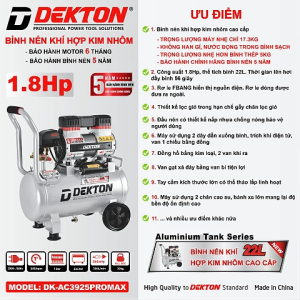 Máy nén khí không dầu Dekton DK-AC3925PROMAX - Bình Nhôm 22 Lít - Công suất 1300W/1.8Hp