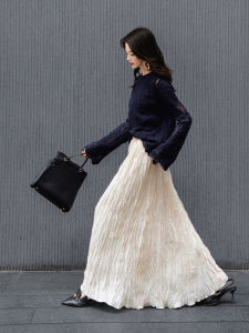 French Fold Long Shiny A-Line Mini Skirt Womens High Waist Slimming Maxi Pleated Skirt Commute Korean Style Loose Fit Summer