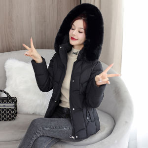 Winter Thickened Short Cotton Jacket Womens Large Fur Collar Slim Fit Warm Outerwear Coat Korean Style Commute Fashion