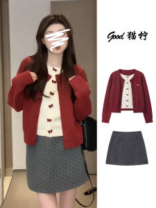 Red New Year Butterfly Knot Knitted Open Cardigan Polka Dot High Waist A-Line Mini Skirt Set Slimming Two-Piece Fashion Ensemble