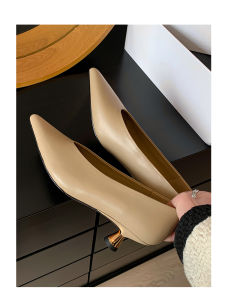 Kmeizu อัพเกรดที่กําหนดเองยุโรปสไตล์รองเท้าส้นสูง ผู้หญิง ฤดูใบไม้ผลิ Cowhide Pointed Toe 4 ซม.บาง Cat Heel OL Party รองเท้าเดี่ยว
