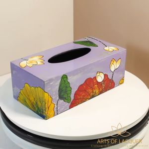 Hộp Đựng Khăn Giấy Sơn Mài Hoa Sen Vàng Trên Nền Tím