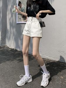 กางเกงขาสั้นผ้ายีนส์ทรงเอเอวสูง ฤดูใบไม้ผลิและฤดูร้อน สำหรับผู้หญิง กางเกงขาสั้นทรงเข้ารูป ทรงสลิมฟิต ทรงทันสมัย ​​สีดำ