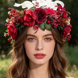 Serene Style Wine Red Rose Artificial Flower Garland Headpiece for Bridesmaid at Wedding Hair Accessory for Vacation Photo Shoot