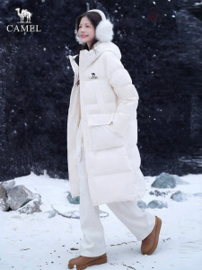CAMEL | Thickened Warm High Neck Hooded Workwear Style Womens Down Jacket Medium-Long