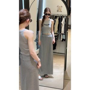 YUEZHONGWEI | Gray Neck Hanging Letter Print Ice Silk Knitted Tube Top Women Summer Outdoor Wear Slim Fit Short Sleeveless Shirt