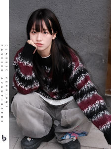 American Retro Striped Sweater Womens Loose Lazy Soft Plush Knitted Top Warm Streetwear Autumn Winter Long Sleeve round Neck