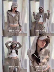 Badblood Letter งานปัก เสื้อแจ็คเก็ตมีฮู้ด ซิป ผู้หญิง เสื้อสเว็ตเชิ้ต แจ๊กเก็ต ฤดูใบไม้ผลิ American Retro Lazy Style Couple เสื้อท่อนบน