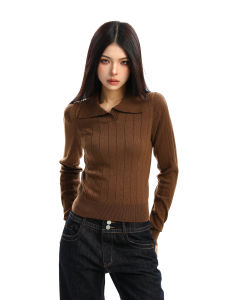 Slim Fit Short Sleeve Polo Neck Knit Sweater Womens Autumn Fashion Solid Color Striped Top Biggold Simple Pure Color Polo Neck Sweater