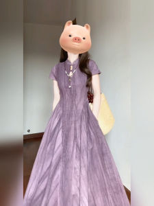 Xzy/Xin Zhengyan Plus Size Ladies New Chinese Style Exquisite Tie-Dye Cheongsam Dress Female Summer Cut Out Waist-Slimming Long Dress