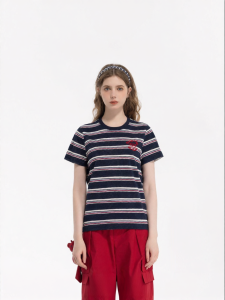 Women Classic American Stripe Crew Neck Embroidered Loose Short Sleeve T-Shirt