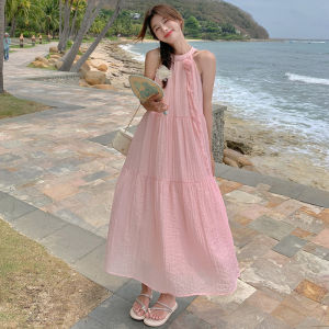 Pink Sweet Summer Beach Vacation Gown Shoulder Bared Neckline Charming Goddess Style A-Line Long Dress Korean Style Commute