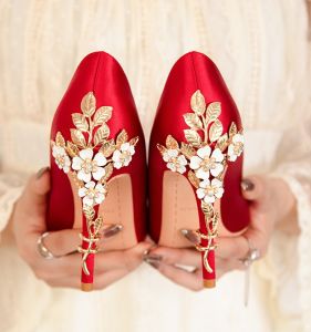 Silver Floral High Heel Shoes for Brides Maid of Honour in Crystal Gold with Fine Heel and Pointed Toe Rubber Sole for Daily Wear