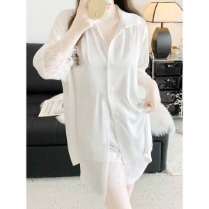 ชุดนอนผ้าไหมบางสไตล์ฤดูร้อนสำหรับผู้หญิง ชุดนอนผ้าไหมลายลูกไม้แขนสั้น กางเกงขาสั้น ชุดอยู่บ้านสุดหรูหรา สไตล์เรียบง่าย