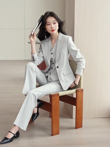 Cosuits Women Office Premium Blazer Set Light Grey Korean Style Slim Fit Tailored Blazer Long Pants Size S-4XL