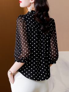 Áo Sơ Mi Voan Tay Lửng Mùa Xuân Cho Nữ Dáng Rộng Che Bụng Họa Tiết Chấm Bi in Họa Tiết Cổ Đứng Thường Ngày