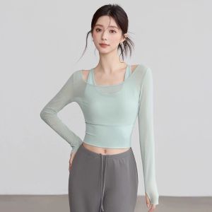 SKINOFSKIN | Fake Two-Piece Round Neck Short Sleeve Yoga Outfit with Built-in Bra for Summer