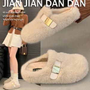 Thick Sole Fluffy Slippers Womens Outwear 2024 Fall and Winter New Arrival Gommino Slip-on Real Fur Slip-on Cotton Shoes Slippers