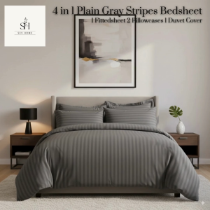 SevHome 4 in 1 Plain Gray Stripes Bedsheet Sets | Cotton 400TC Hotel Quality Stripe Bedsheets | Beddings Bed sheet set with 1 Fitted Sheet with Garter 1 Duvet Comforter Quilt Cover 2 Pillow case | Size Single Double Queen King