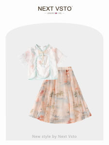 Princess Style Chinese New Medium Horse Tail Skirt Set Childrens National Costume Hanfu Summer Collection Girls Dress