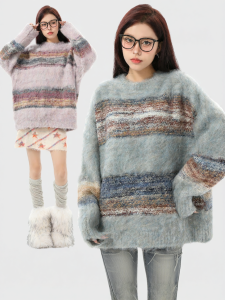ARCG | Áo Sweater Dải Sọc Tăng Tiến Mềm Mink & Mohair Phong Cách Mỹ