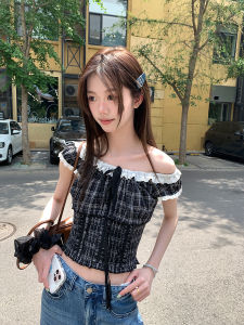 Sinbounboun Pure Desire Plaid Color Block Lace Trim Shoulder Bowed Waist Short Shirt Womens Fashion Summer Breathable Cotton Short Sleeve