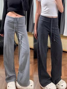 Quần Thể Thao Ống Đứng Màu Xám Cạp Cao Rộng Rãi Cho Nữ Mùa Hè 2025 Quần Dài Ống Rộng Mùa Xuân Thu