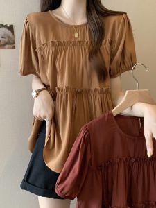 Loose Belly-Covering Puff Sleeves Chiffon Shirt Womens Summer Plus Size Plus Size Ladies Slimming Youthful-Looking round Neck Shoulder T-shirt Tops