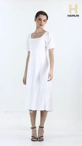 Hamlin Rachel Long Dress Wanita Lengan Pendek Motif Polos Material Cotton ORIGINAL - White
