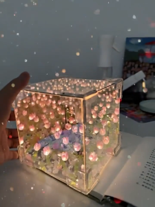 DIY 30 PCS Flower Tulip lamp Led Mirror Light Rubiks Cube Night Light For Girlfriend DIY Tulip Mirror Cube Simulation Bedroom Sleeping Table Lamp Handmade Craft Tulips Mirror Night Light Birthday Gift
