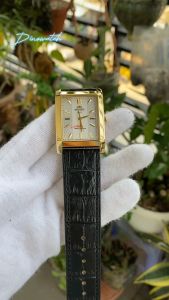 Đồng hồ nam nữ cặp đôi ANBSHOP orient mặt chữ nhật vỏ vàng - dây da máy pin đính đá sang trọng - size 30x34mm