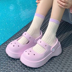 Thin Strip Mary Jane Hole Shoes Womens Summer Cute Big Head Dog Non Slip Outdoor Closed Toe Half Slippers Sandals